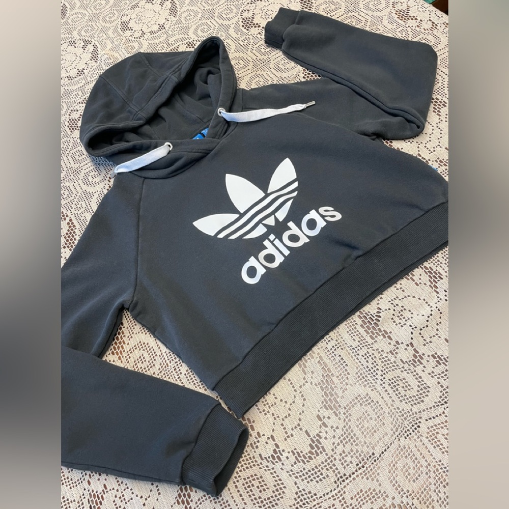 Adidas Cropped Logo Sweater Hoodie Black S